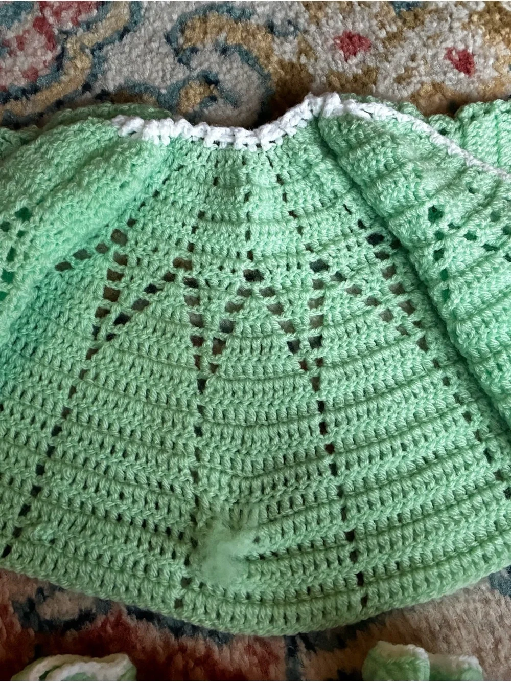 Hand-Crocheted Mint Green Baby Sweater, Bonnet & Booties Set (3-6 months)